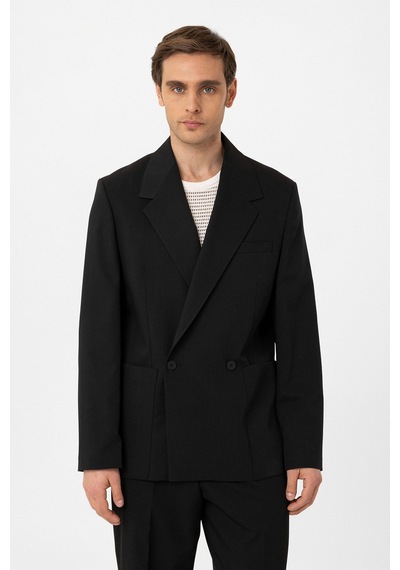 Antioch Relax Fit Kruvaze Kapama Erkek Teknik Blazer Ceket Siyah