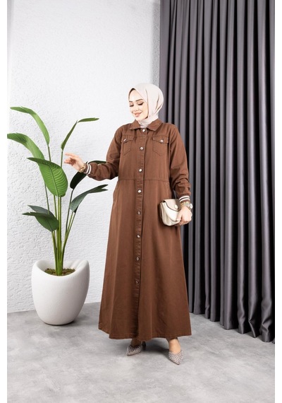 Harman Butik Kadın Düğmeli Pamuk Gabardin Kap Kahverengi Kahverengi