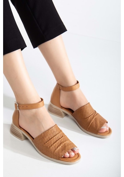 Analin Shoes Kadın Hakiki Deri Kalın Bantlı Alçak Topuklu Sandalet Taba