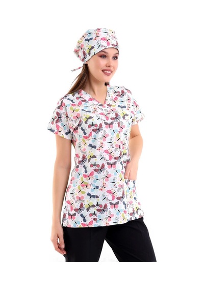 Yarasa Kol Dijital Unisex Desenli Üst - 6527 Beyaz Kelebek