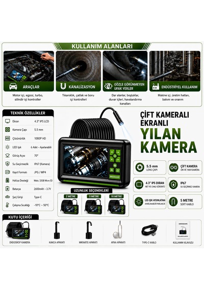 5 Metre Çift Lens Ekranlı Yılan Kamera 5.5mm Lens Sert Kablo