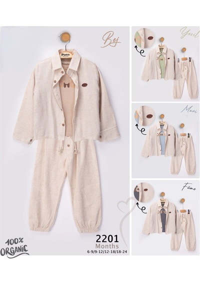 Babyhola Bayramlık Erkek Bebek Üçlü Takım Panda Baskılı Müslin Kumaş Mevsimlik Set 2201 Bej