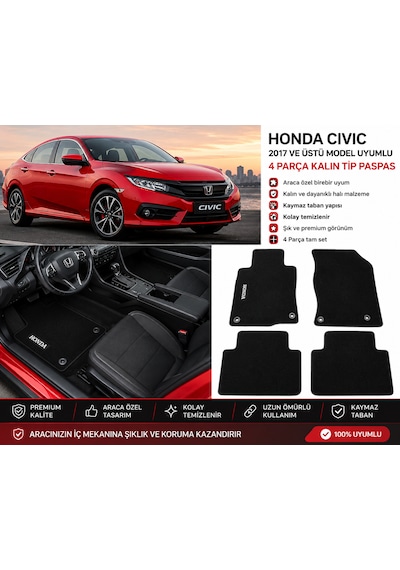 Honda Civic 2017-2022 Fc5 / Fk7 Uyumlu 4 Parça Kalın Tip Siyah Halı Paspas