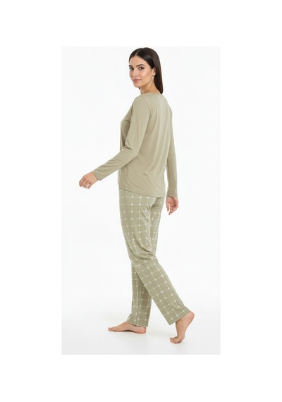 Üstü Yazılı Altı Kare Desenli Elite Viscose Uzun Pijama Takımı Yeşil 3554 Haki