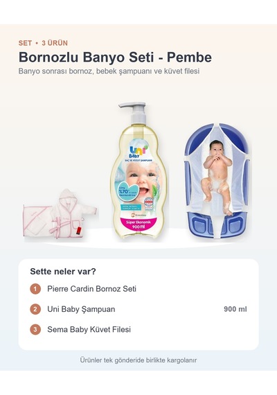 Bornozlu Banyo Seti 3 Parça: Bornoz Seti + Uni Baby Şampuan + Sema Baby Küvet Filesi - Pembe