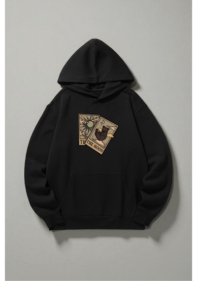 Uyguntarz Unisex The Moon Tarot Kart Tasarım Baskılı Kapüşonlu Sweatshirt siyah