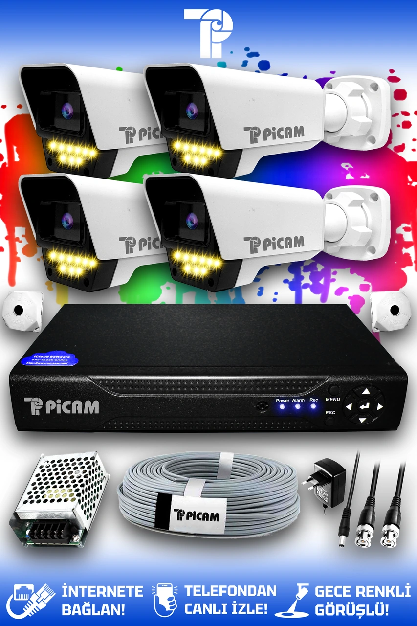 Picam 4 Kameralı Süper 4 Dış Kamera Set HDD'siz 5 MP 2K Net Renkli Gece Görüşlü Güvenlik Kamerası Sistemi
