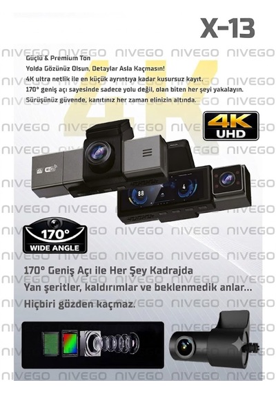 Dxtl X-13 4k 3 Kameralı Araç Içi Kamera 3.2 İnç Ekran Wifi Adas Bsd G-sensör Park Modu