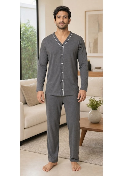 Pemilo Erkek 605-262 Boydan Düğmeli %95 Cotton Pijama Takım Füme