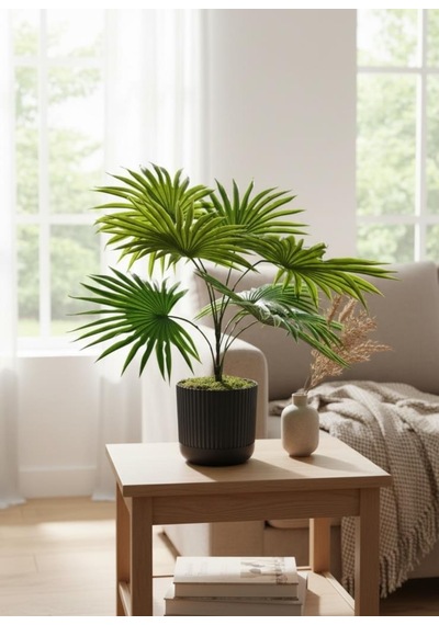 Yapay Salon Bitkisi Fan Palmiye 50 40cm 8yaprak Plastik Antrasit Saksıda Yeşil