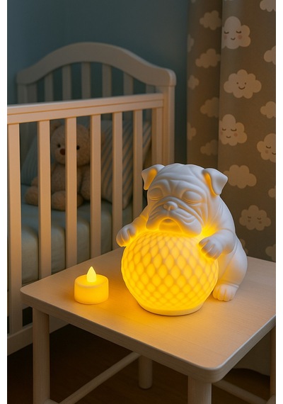Bulldog Tasarımlı 3d Dekoratif Masa Lambası, Estetik Çocuk Odası Gece Lambası, Tealight 25 X 25 Cm Beyaz