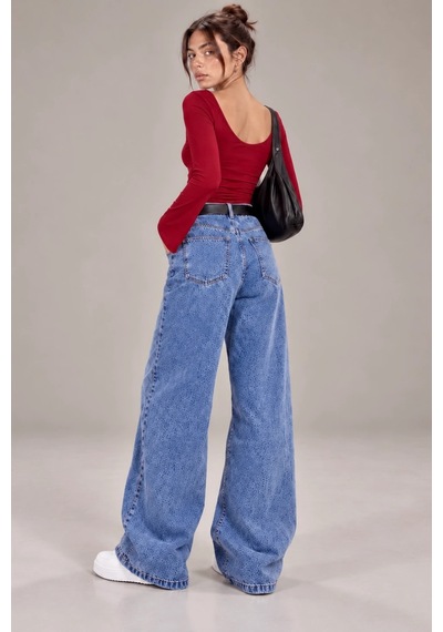 Bbbutikbasic Kadın U Yaka İspanyol Kol Uzun Kollu Slim Fit Bluz My3535 Kırmızı