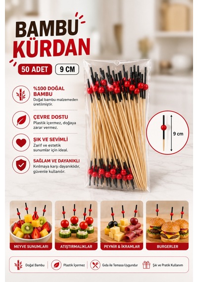 Siyahlı Kırmızı Boncuk Bambu Kürdan 9 Cm 50 Adet - 913923492