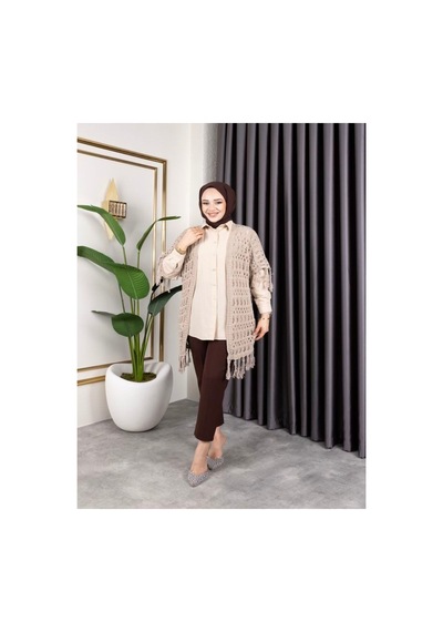 Hira Life Fashion Kadın Mevsimlik Saçaklı Ve Ajurlu Pamuk Triko Hırka Bej Bej