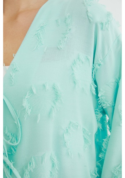 Fullamoda Püsküllü Önü Bağlamalı Salaş Kimono Mint Yeşili