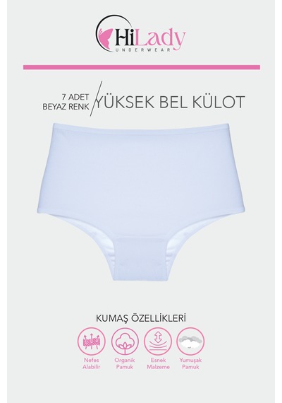 Kadın Külot, Kadın Yüksek Bel Külot, Pamuklu Yumuşak Kumaş, 7'li Paket Beyaz