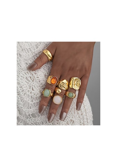 Susie Model 8'li Set Pastel Doğal Taş Görünümlü Vintage Gold Yüzük Kombini Bronz
