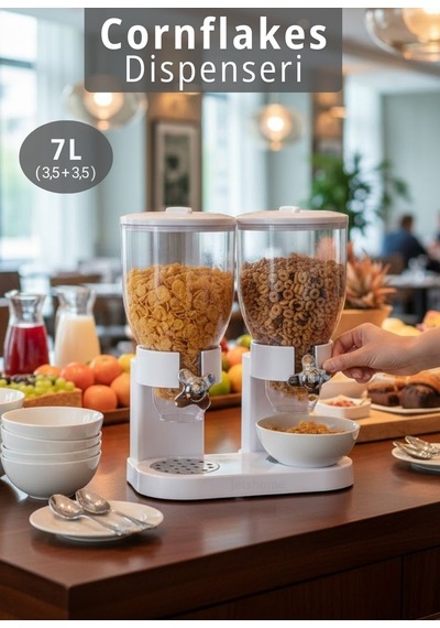 2 Li Cornflakes Dispenseri 7 L Çift Hazneli Müsli Granola Kuruyemiş Kahvaltı Tahılları Sunum Aparatı Beyaz