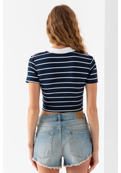 Giysa Kadın Polo Yaka Çizgili Pamuklu T-shirt Lacivert Beyaz - 25795 Lacivert - Beyaz