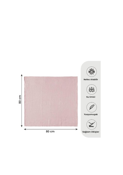 4 Katlı Çok Amaçlı Müslin Örtü & Battaniye %100 Pamuk, Oeko-teks Sertifikalı 80x80 Cm Pembe