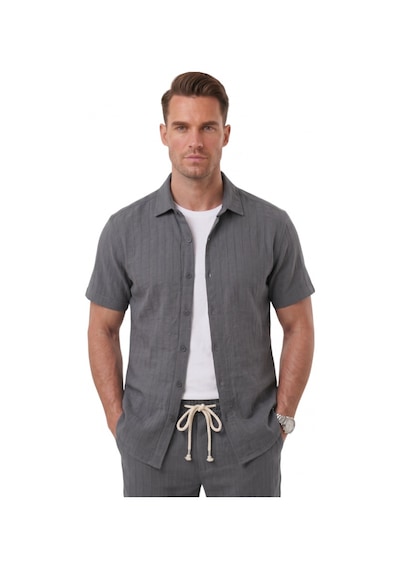 Deep Sea Deepsea Füme Slim Fit Çizgi Dokulu Keten Görünümlü Kısa Kol Erkek Spor Gömlek 2602648