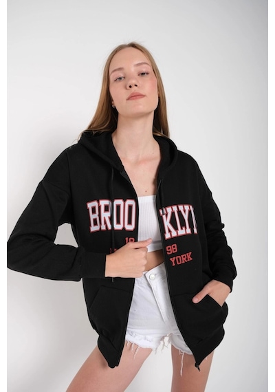 Tarzsokak Kadın Siyah Brooklyn Baskılı Oversize Hırka Brooklynhırka