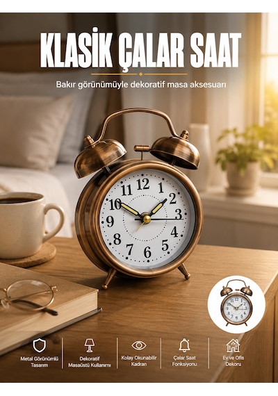 Metal Bronz Nostaljik Masa Saati Alarmlı Büyük Boy Sessiz Mekanizmalı Sarı