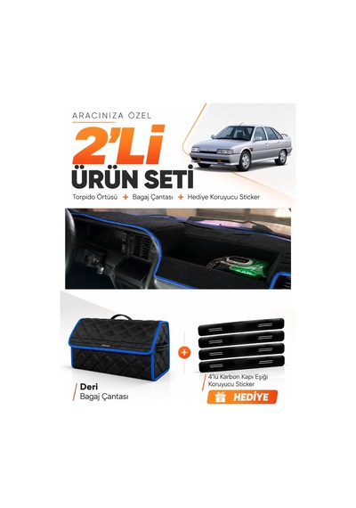 Renault 21 Concorde 1990-1996 Uyumlu Torpido Örtüsü + Deri Bagaj Çantası + Sticker - Siyah Mavi