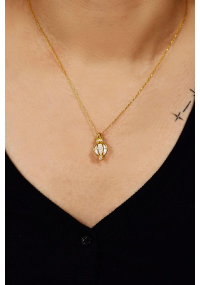 Erdobia Zirkon Taşlı Gold İncili Kafes Gümüş Kolye N10158