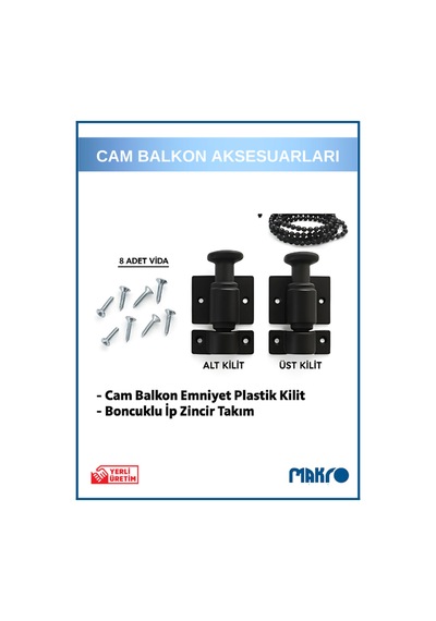 Cam Balkon Kilidi Emniyet Plastik Kilit Boncuklu Ip Zincir Takım Seti