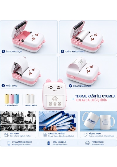 Netum Pembe Mini Yazıcı Mini Taşınabilir Termal Yazıcı Kablosuz Bağlantı 3 Renkli 3beyaz Kağıt