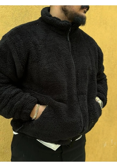 Fifty Color Siyah Peluş Dik Yaka Cepleri Fermuarlı Oversize Peluş Ceket Siyah