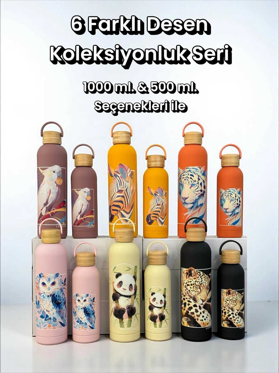 Bambu Kapaklı Siyah Renk Leopar Figürlü 1000 Ml Paslanmaz Çelik Termos Siyah