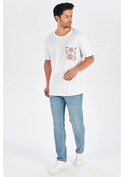 Peraluna Cep Desenli Düz Kesim Beyaz Pamuklu Erkek T-Shirt-Beyaz