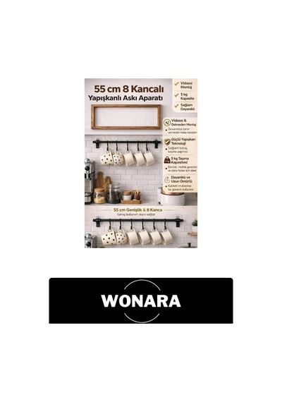 Askıaparatı 8 Kancalı Yapışkanlı Askı Aparatı 55 Cm Vidasız Delmeden Montaj Mutfak Banyo Duvar Orga Çok Renkli