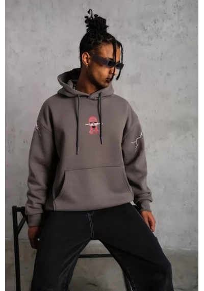 Veraura Lifestyle Erkek Maske Baskılı Kapüşonlu Sweat - Gri