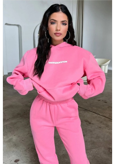 Pembe That So Fetch Eşofman Takımı - Baskılı Oversize Kapüşonlu Şardonlu Pembe