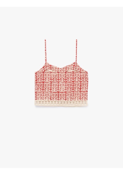 Koton Pamuklu Floral Desenli Dantel Kroşe Detaylı Askılı Crop Top Tarçın 6sak30030uw