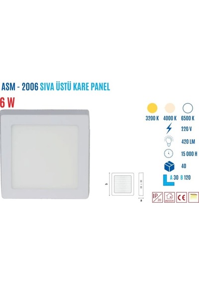 Ycl   Asm-2006G 6W Sıvaüstü Kare Günışığı Led Panel