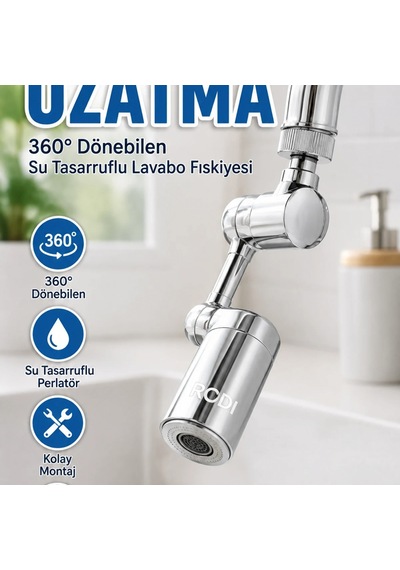 Krom 360 Döner Musluk Uzatma Aparatı Su Tasarruflu Lavabo Fıskiyesi