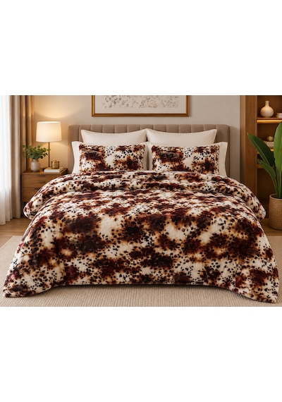 Merinos Diamond Kürk Leopar Desen Comforter Set, Çift Kişilik Yorgan Seti 220x240 Kahverengi