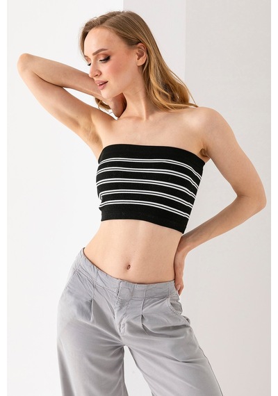 Giysa Kadın Straplez Çizgili Crop Siyah Beyaz - Ms0000136 Siyah - Beyaz