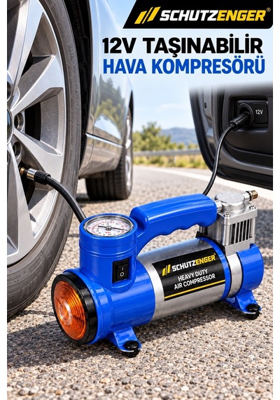 12v Araç Çakmak Girişli Taşınabilir Hava Kompresörü 150 Psı Göstergeli Ve Işıklı Lastik Şişirme Pompası Mavi