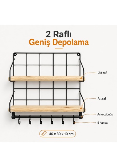 Sogud Mutfak Rafı - 2 Katlı Baharatlık Ve 6'li Kupa Askısı - Duvar Tipi Metal Ahşap Mutfak Düzenleyici - 40x30x10 Cm - Çay Kahve Organizeri - Çivi Ve