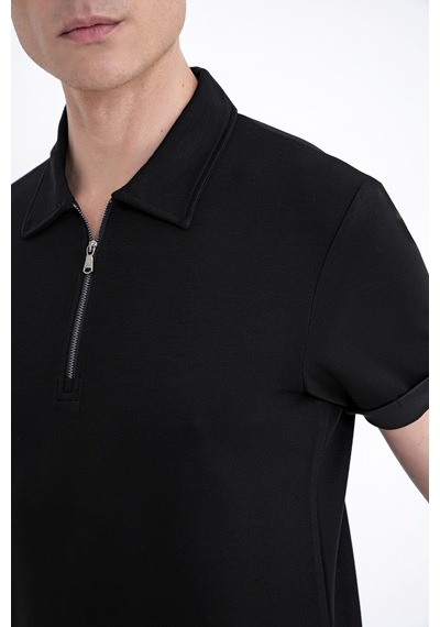 Efor Slim Fit Esnek Pamuklu Fermuarlı Siyah Polo Yaka Tişört Ts 926