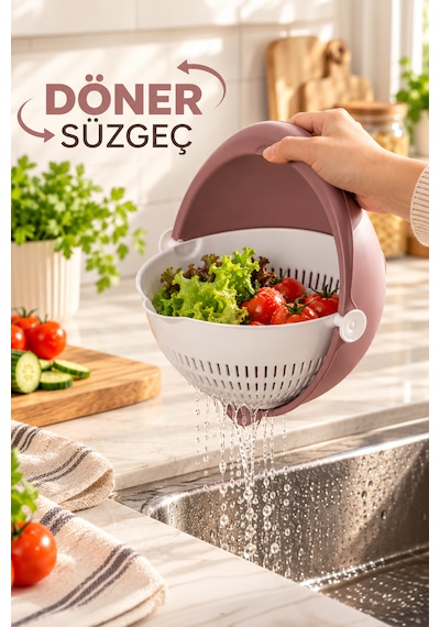 Porsima 1312 Aqua 360 Derece Döner Çift Katlı Mutfak Süzgeci 24 Cm - Kulplu Meyve, Sebze Ve Pirinç Yıkama Süzgeçli Kase Pudra Pudra Pembe