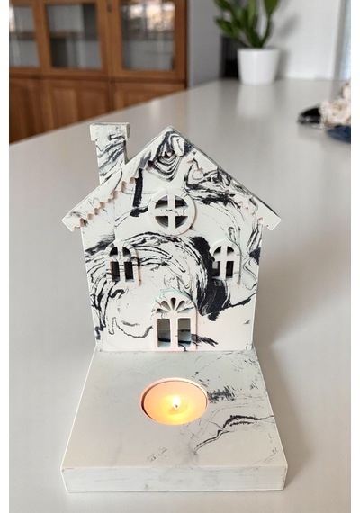Meremer Desenli Dekoratif Tealight Mumluk - Ev Şeklinde Mumluk Tealight Mum Dahildir Beyaz -  Siyah