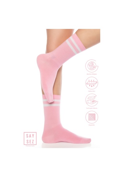 Saysez Bambu Unisex Tenis Kolej Çizgili Premium Pembe Renk Dikişsiz Soket Çorap Pembe