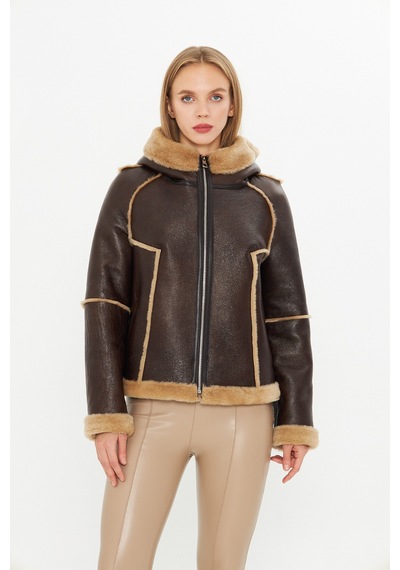 M M Marki Marki Hakiki Deri Kapüşonlu Oversize Kadın Mont - İçi Kürklü - Kahverengi 65 Cm - 115522