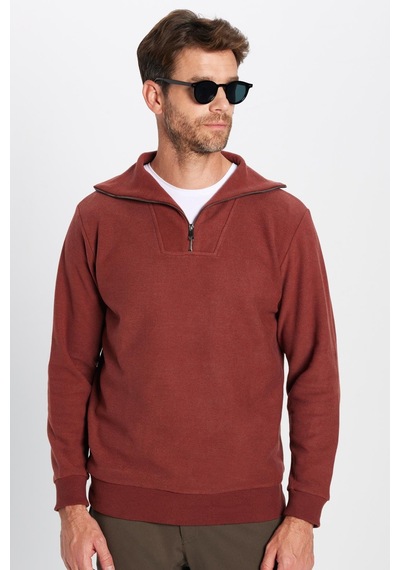 Tudors Unisex Relax Fit Rahat Kesim Desenli Pamuklu Yarım Fermuarlı Kiremit Renk Dik Yaka Sweatshirt-31989 Kiremit